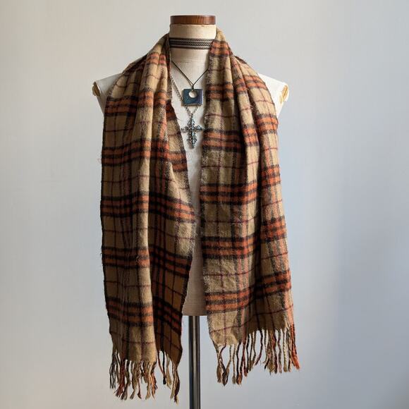 Vintage Orange Plaid Grunge Scarf Cashmere Western 70s Fringe Grunge Knit Wrap - Picture 5 of 6